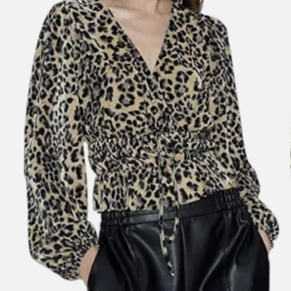 Zara Women's Leopard/Animal Print Pleated V Neck Lace Up Blouse - Size Medium